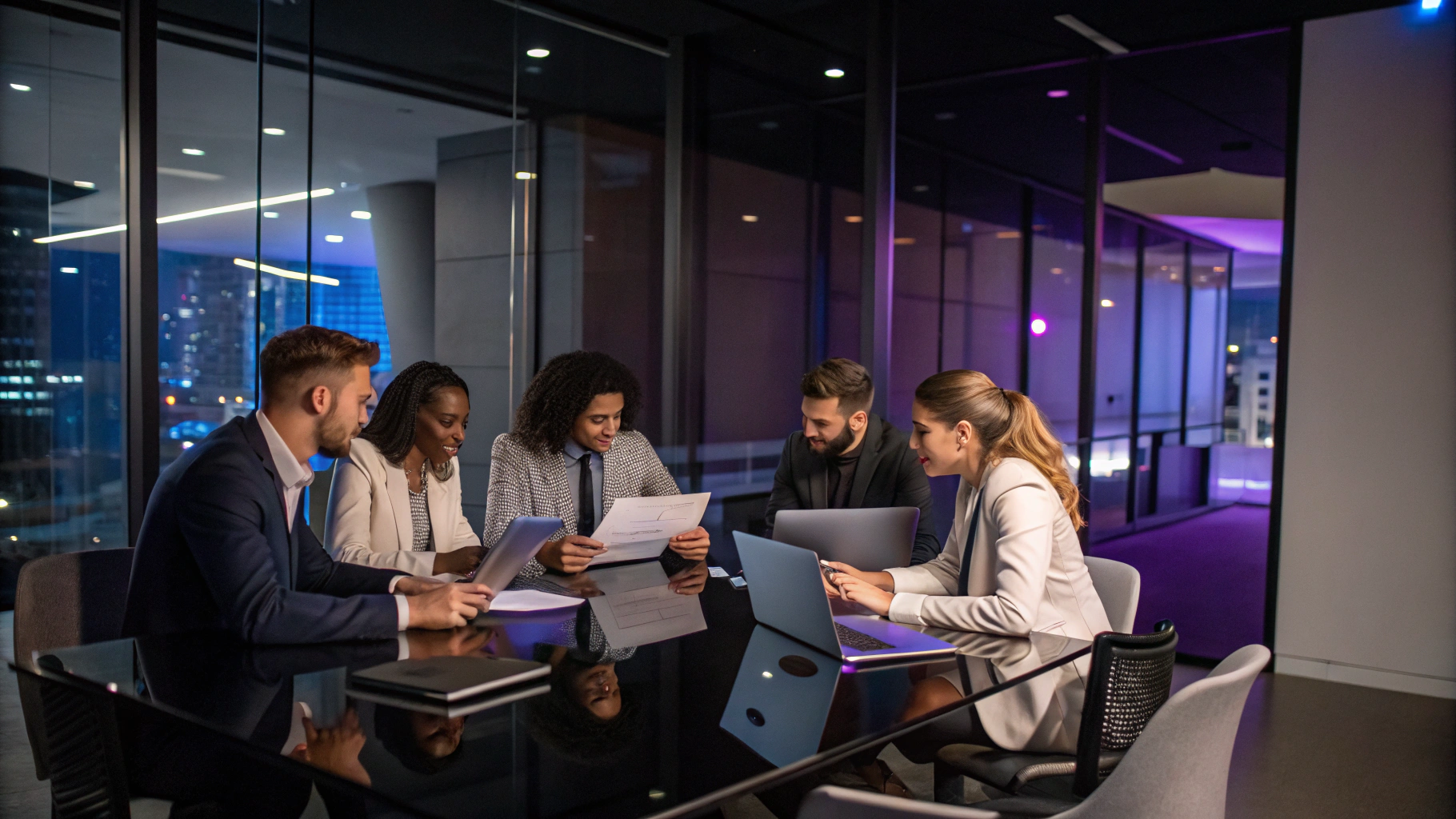 Recruitment specialists and business professionals collaborating around an office conference table